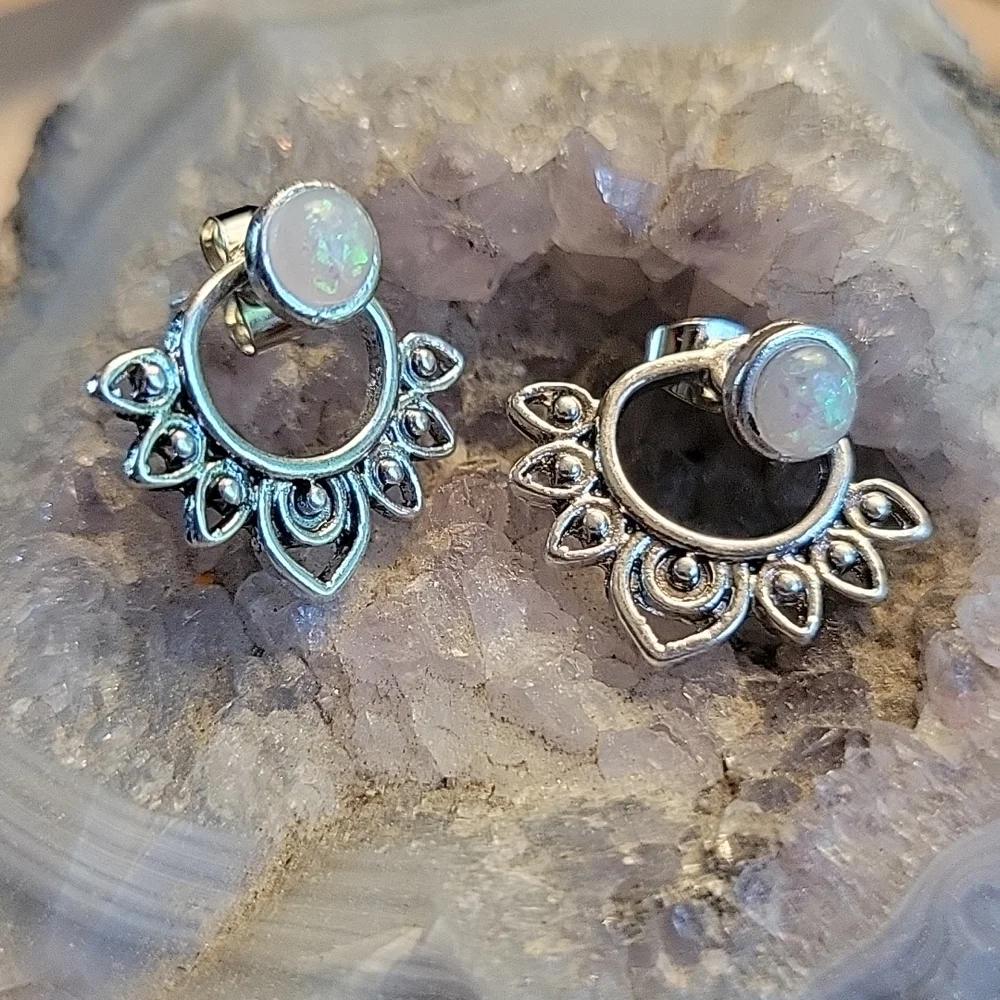 💥RESTOCKED💥Zen Lotus Silver and Opalescent Moonstone Jacket Earrings - Picture 2 of 5